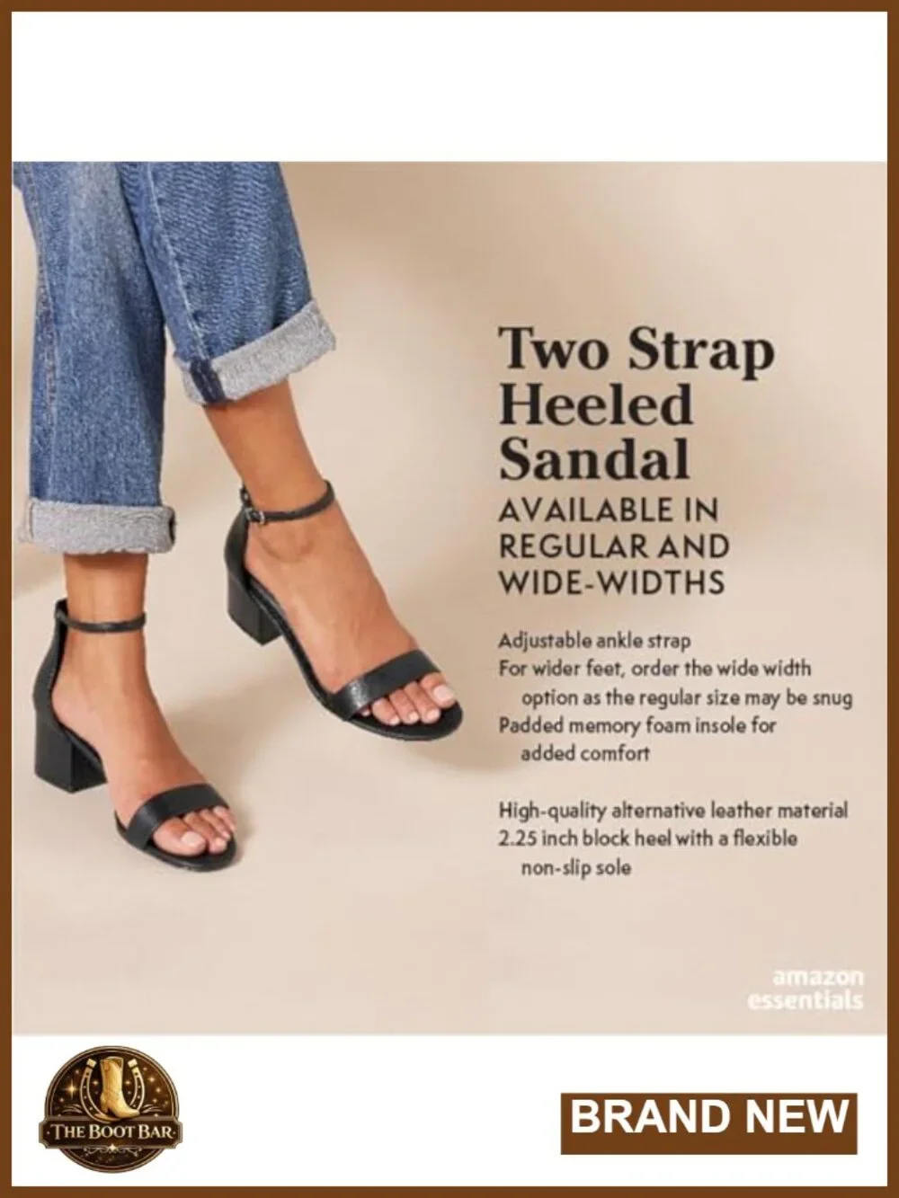 Women's Two Strap Heeled Sandals with Adjustable Ankle Strap, Padded Memory